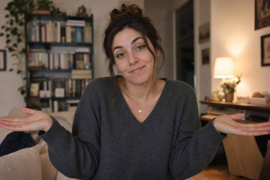 Do Girls Notice Receding Hairlines? What 22 Women Said 2 Woman with brown hair in a messy bun, wearing a gray sweater, shrugging her shoulders in a questioning gesture in a cozy living room.