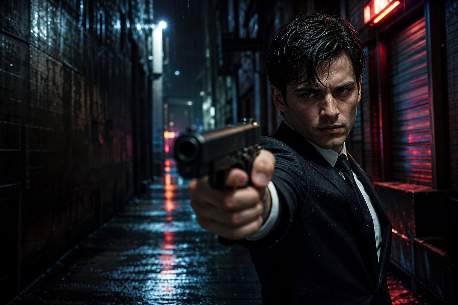 How will James Bond return after No Time to Die? 4 Young James Bond in a suit aiming a pistol in a rainy alley, hard reboot concept