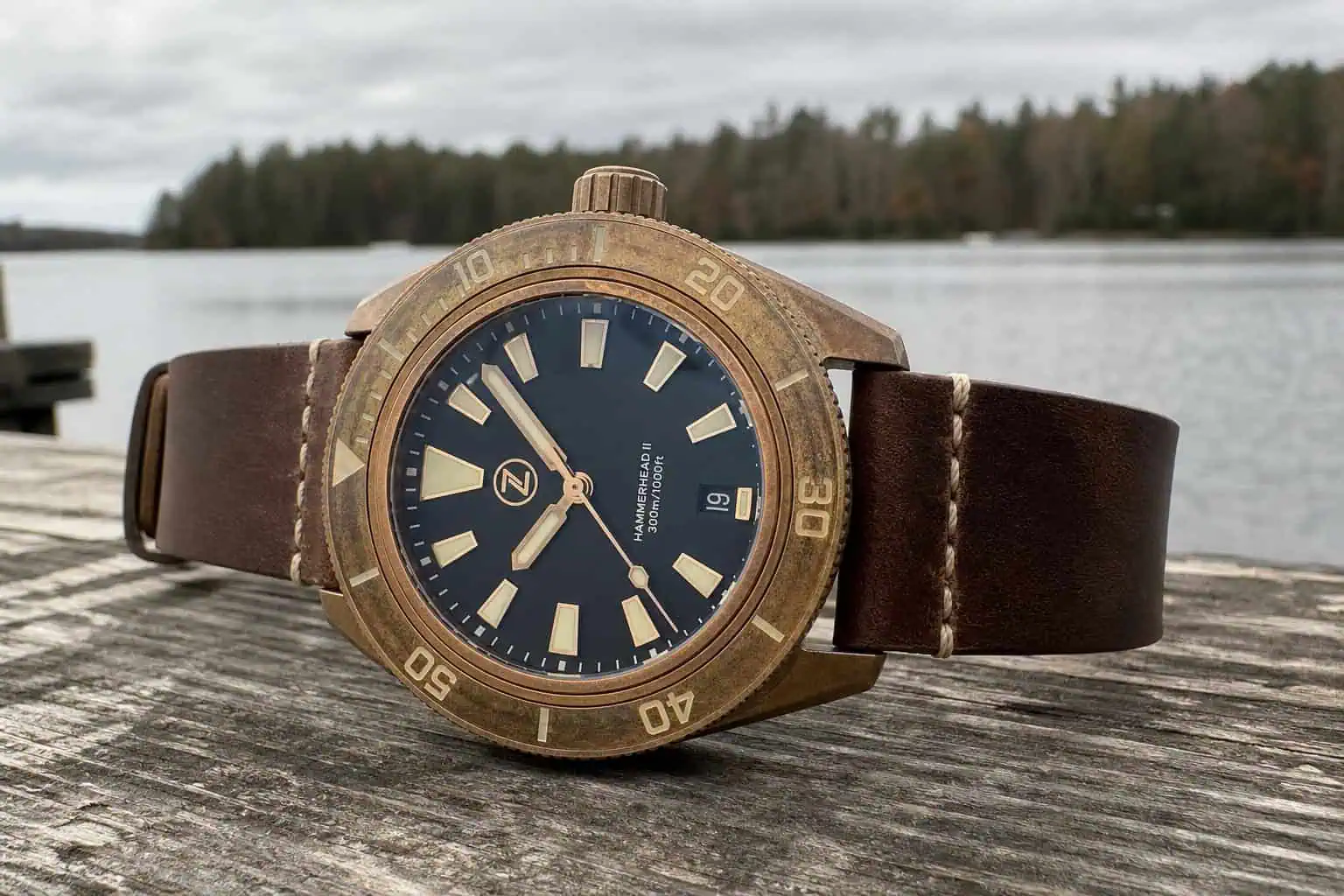 Close-up of a luxury dive watch with a brown leather strap, black dial, and rotating bezel, placed on a weathered wooden dock by a lake with a forest background.