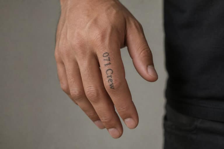 Shia LaBeouf's right middle finger with 071 Crew tattoo in black ink.