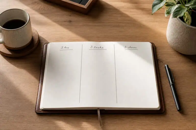 Open weekly planner with three sections labeled 3 hours, 3 tasks, and 3 chores, surrounded by a coffee mug, pen, and potted plant on a wooden desk.