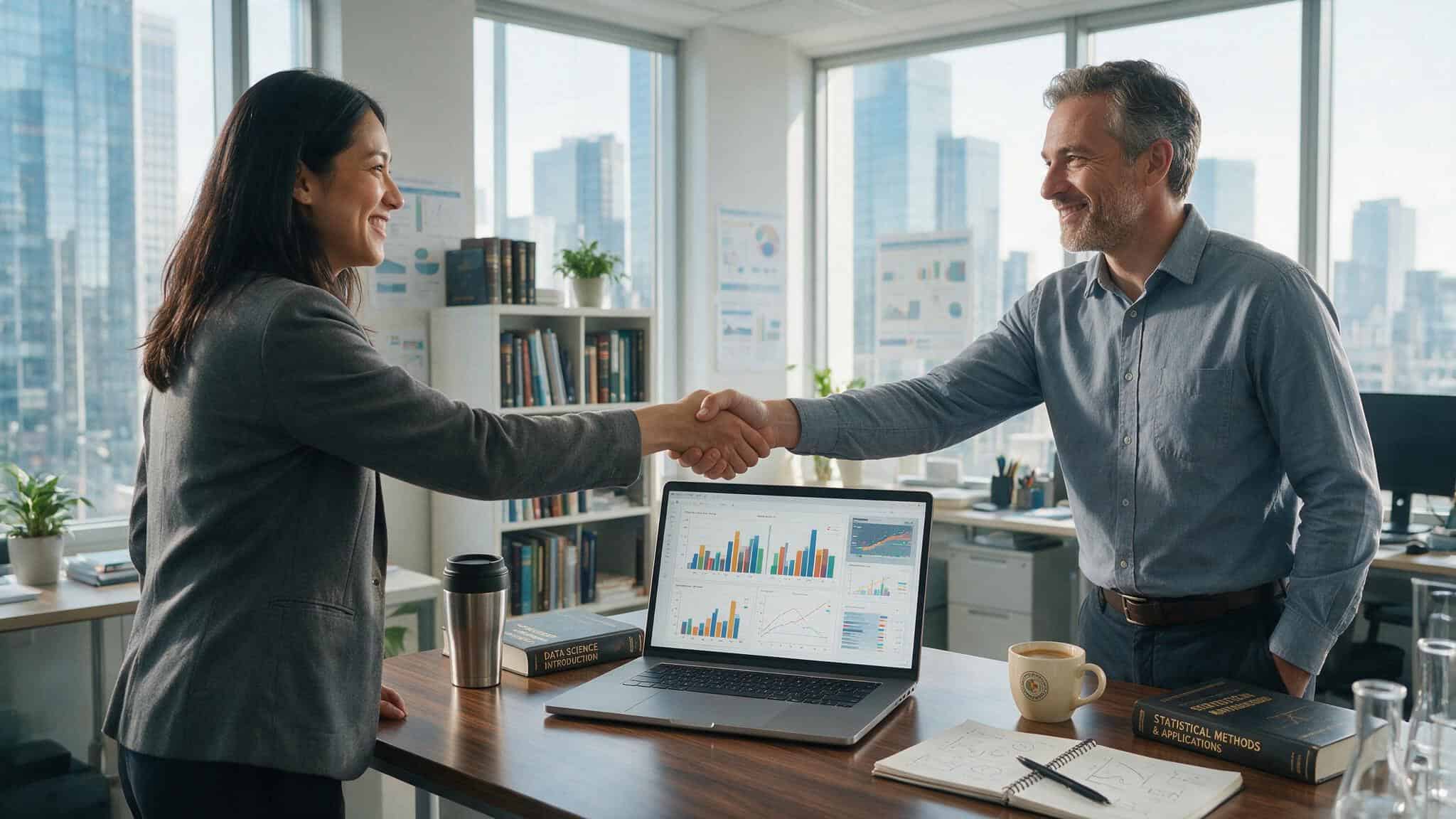 Does Money Buy Happiness? The $75,000 Study, the Contradiction, and the Surprising Resolution 2 Two researchers shaking hands over a laptop, representing the adversarial collaboration between Kahneman and Killingsworth.