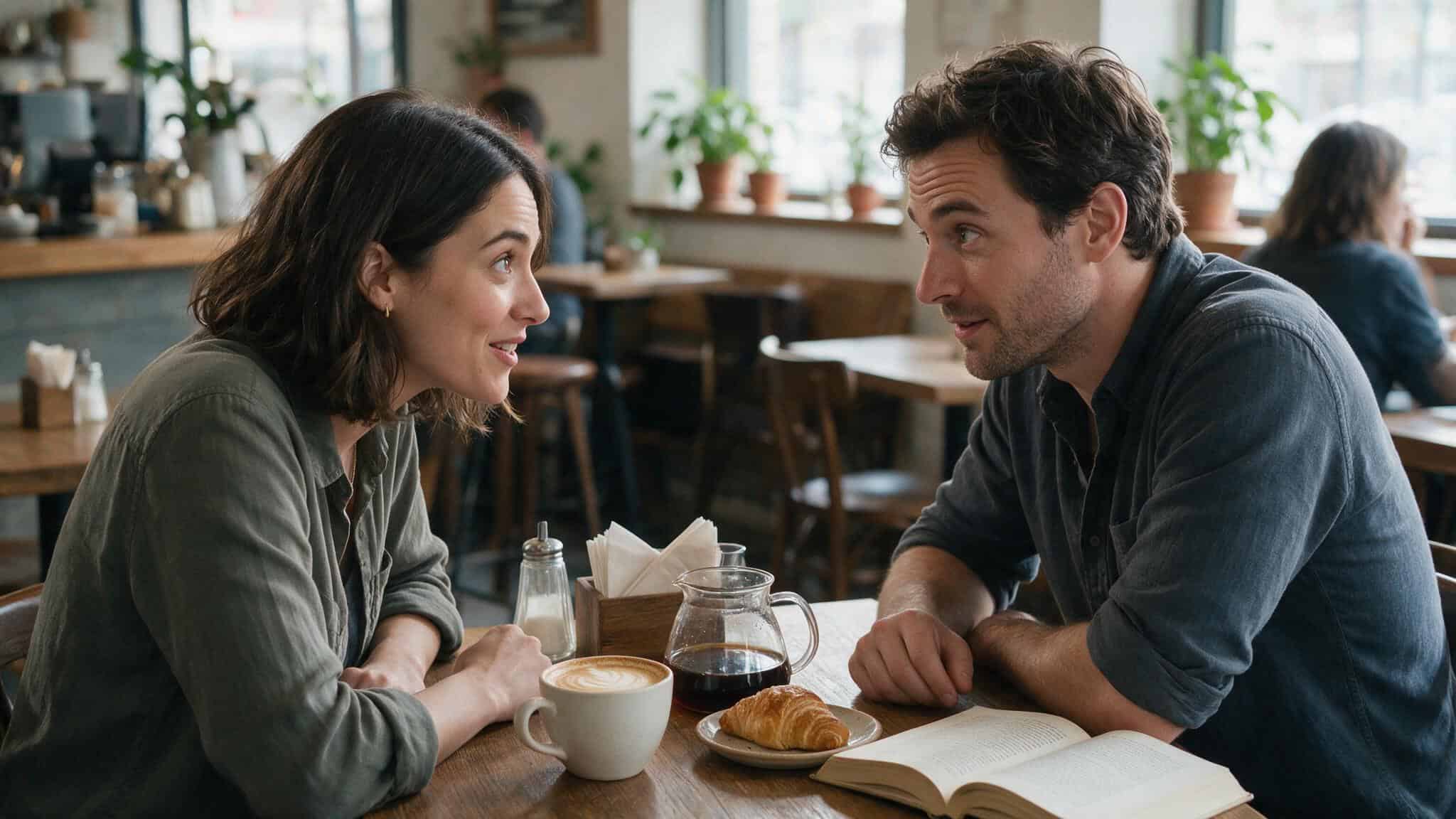 You're Such a Babe Meaning: What It Really Says About Attraction, Charm, and Your Relationship 3 Woman leaning in to talk to a man at a coffee shop, hinting with the word babe
