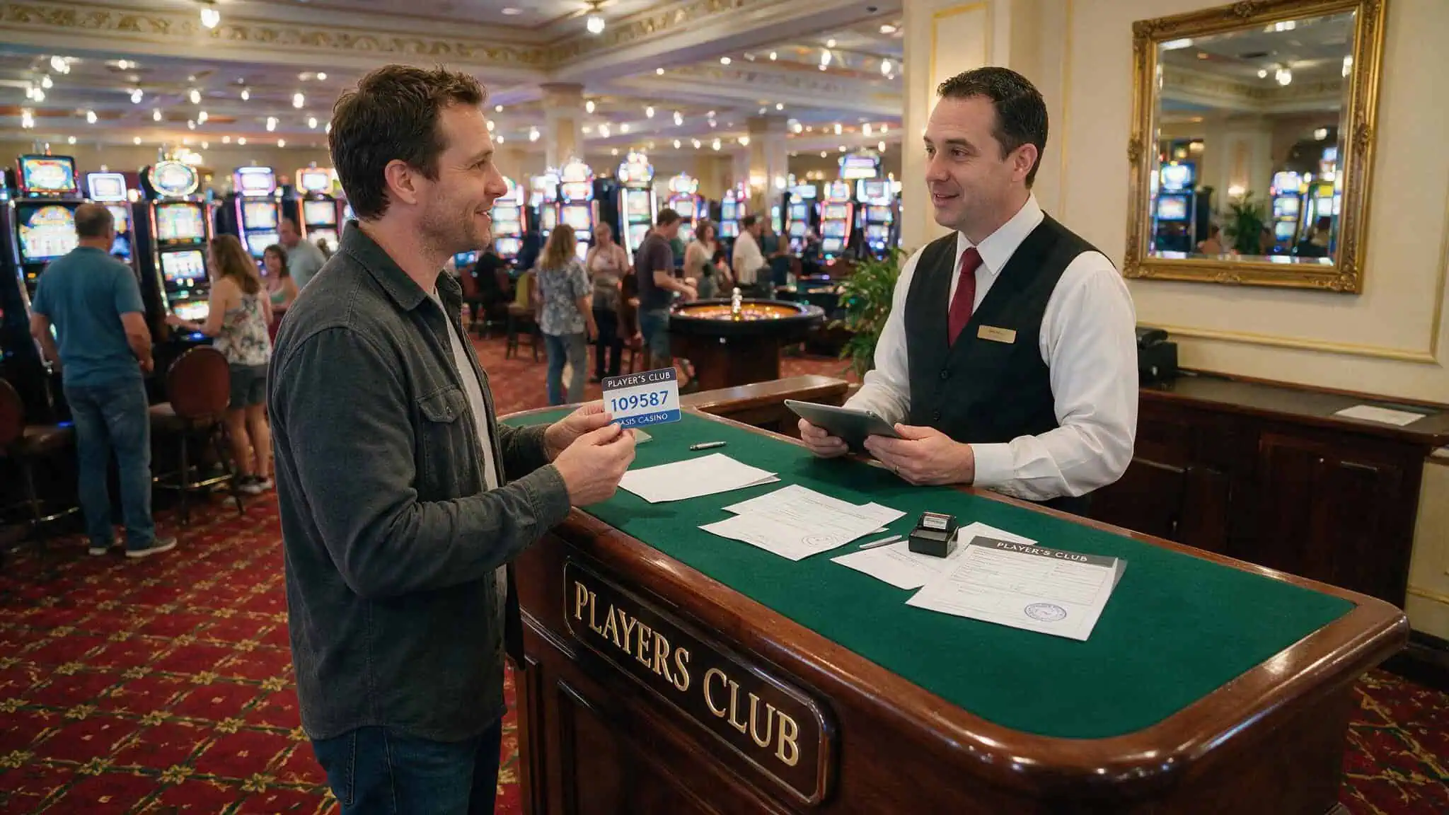 Asking a casino host for comps at the player's club desk in Las Vegas