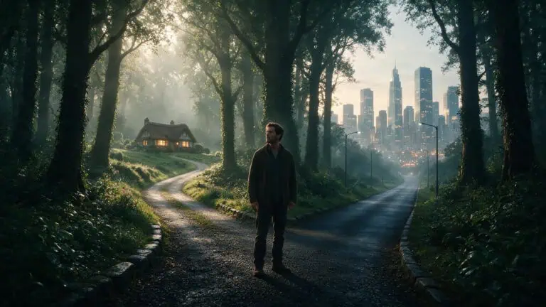 Man at a crossroads between traditional and modern masculinity paths in a misty forest.