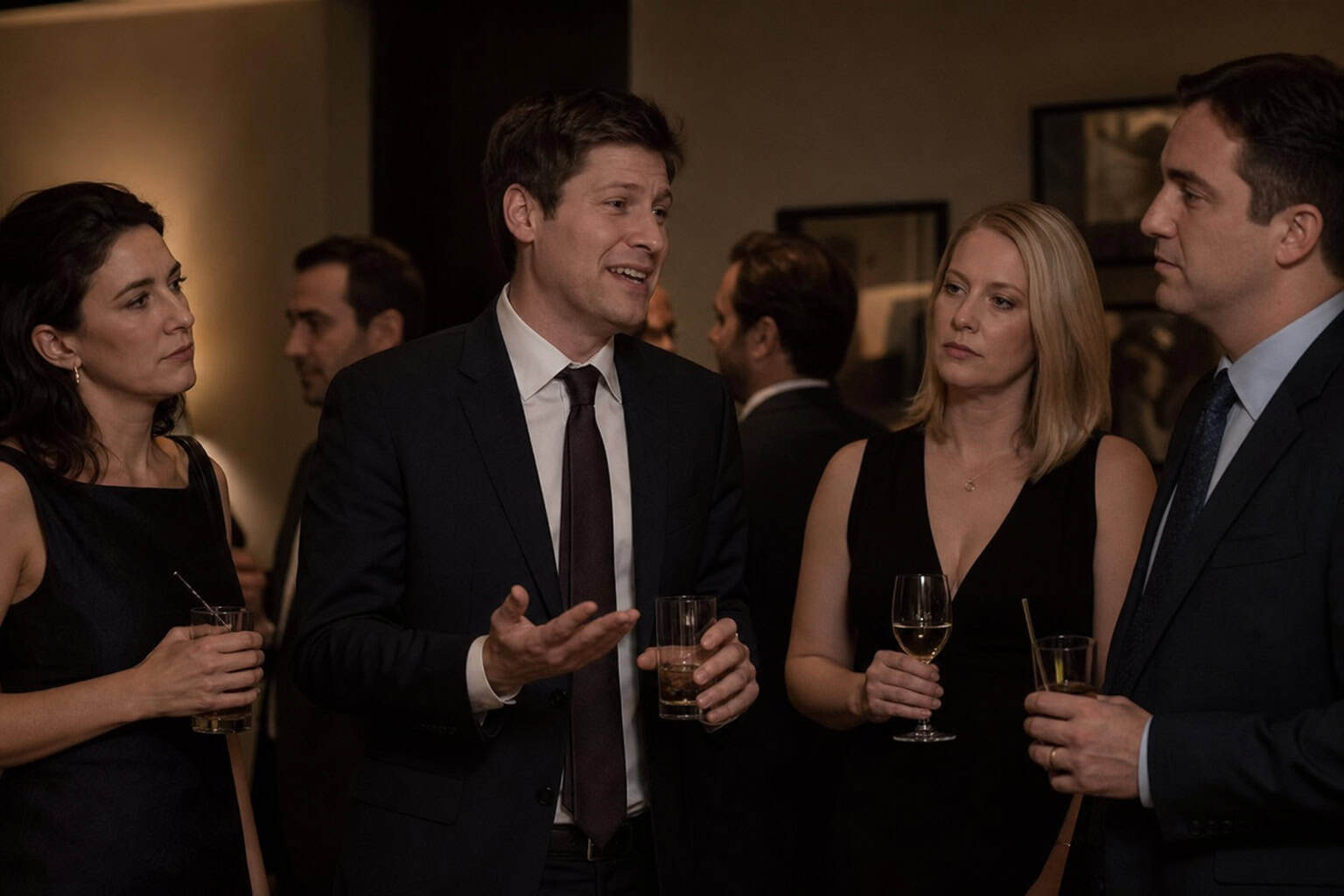 What 'Silly Goose' Means on Dating Apps (And Why It's So Polarizing) 3 Man in suit telling joke while others look unimpressed, illustrating forced humor like the Elon Musk comparison.