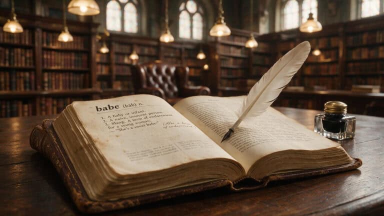 Open dictionary showing the definition of the word babe with a quill pen.