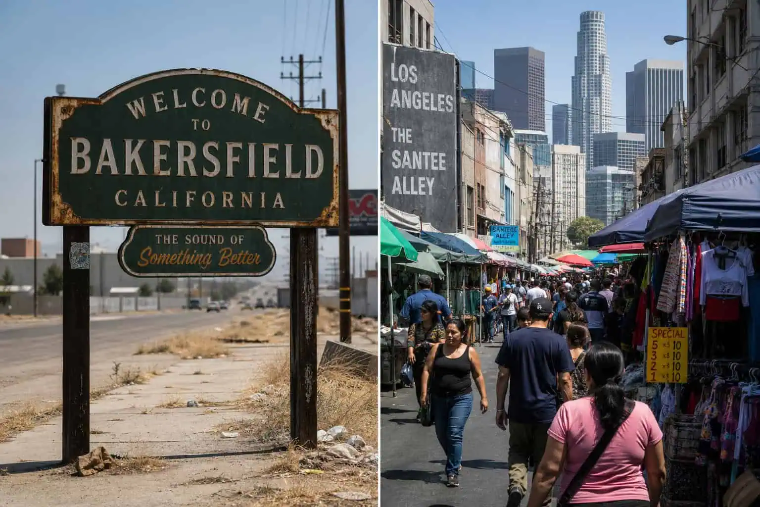 071 Crew Bakersfield: The Real Story Behind Shia LaBeouf's Gang in The Tax Collector 3 Split image of Bakersfield street sign and Los Angeles alley where The Tax Collector was filmed