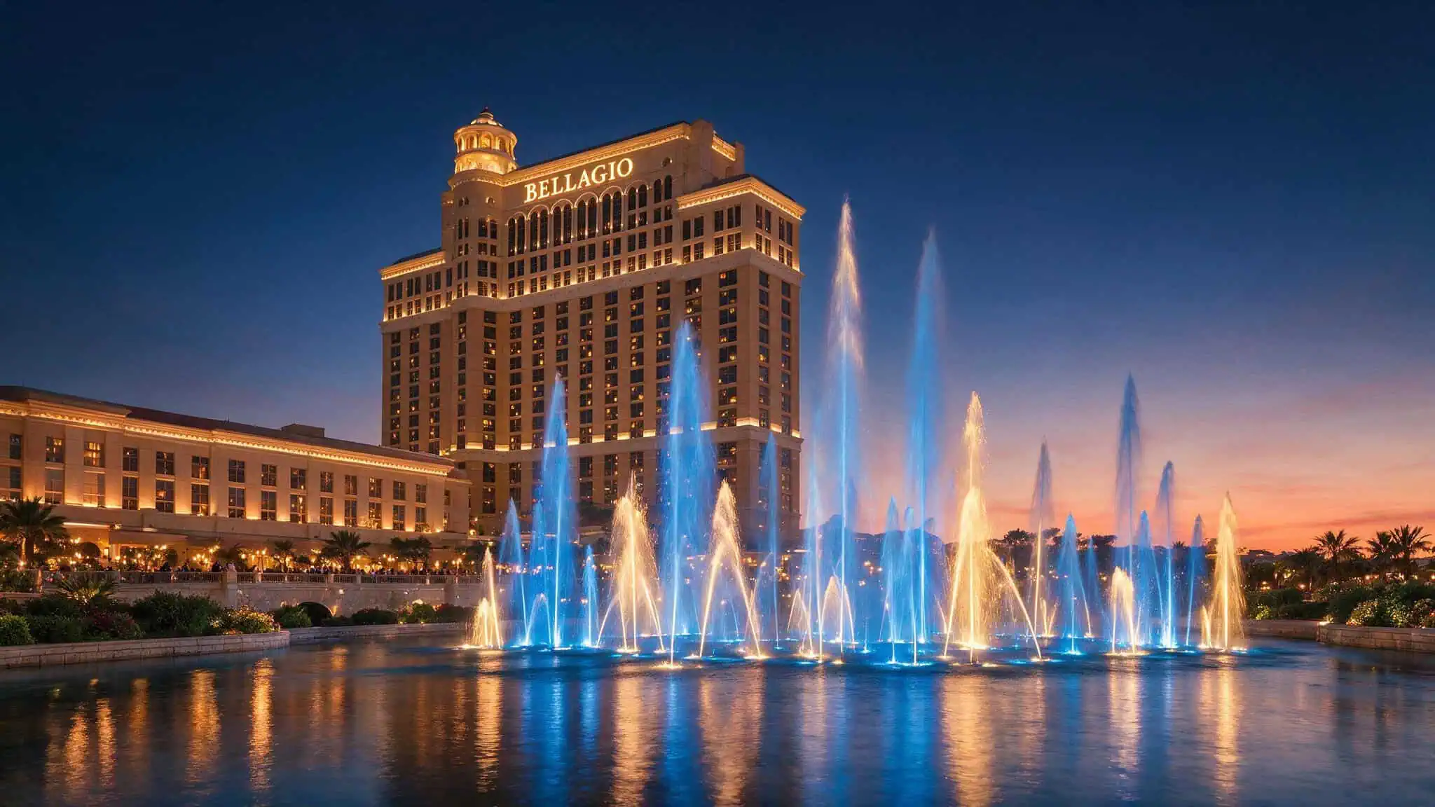 Bellagio fountain show at dusk with hotel tower in background on the Las Vegas Strip