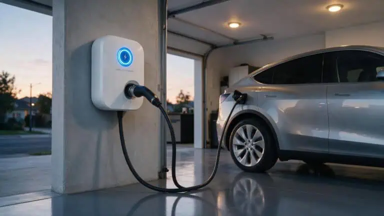 Modern Level 2 EV charger mounted on garage wall with car plugged in