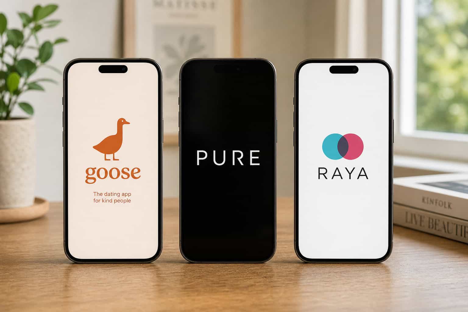 Most Secretive Dating App 2026: Goose vs Pure vs Raya vs Bumble Incognito 7 Three smartphones with Goose, Pure, and Raya dating app icons for comparison