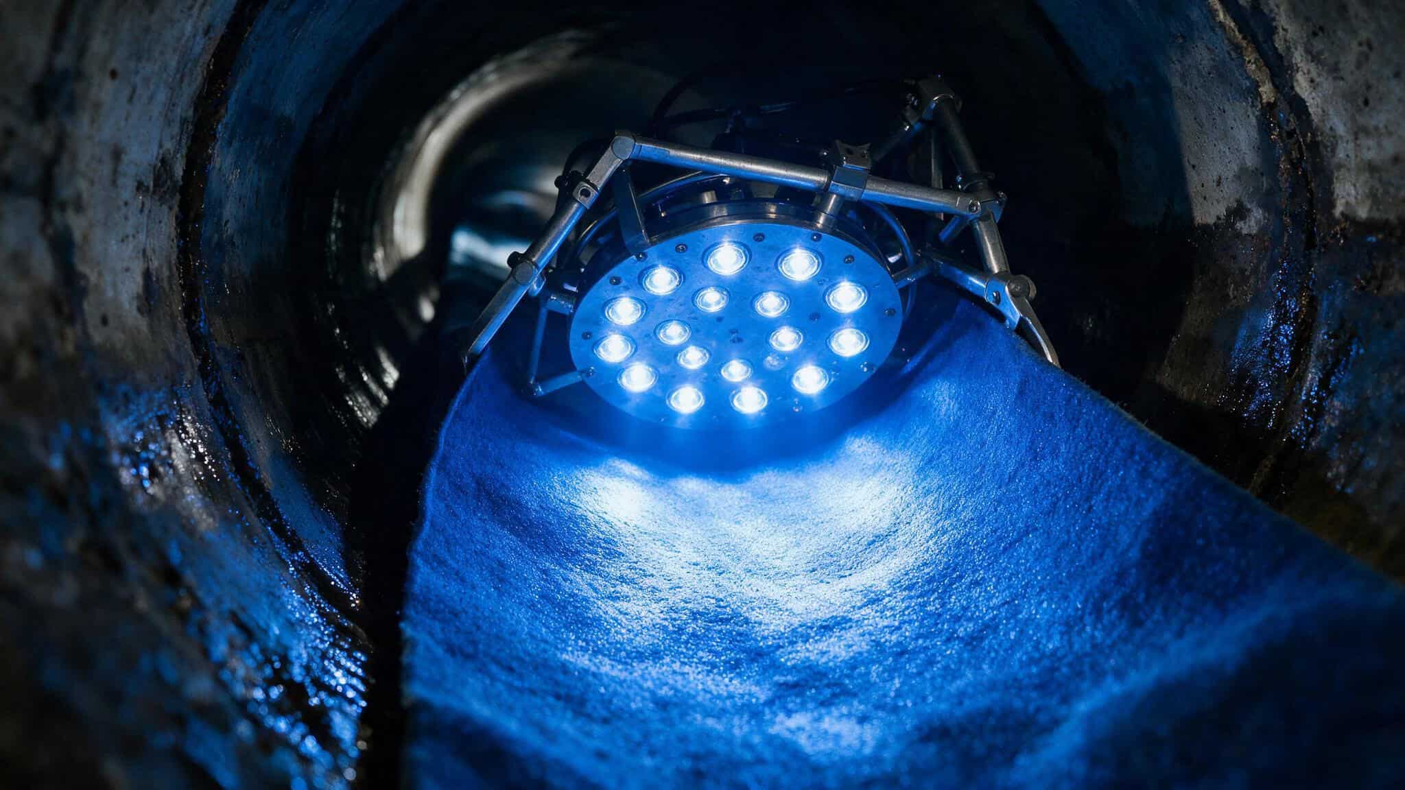 Can a Sewer Line Be Replaced Without Digging? Yes—Here's When It Works and When It Doesn't 3 Blue Light LED curing system inside a sewer pipe emitting bright blue light during liner installation.