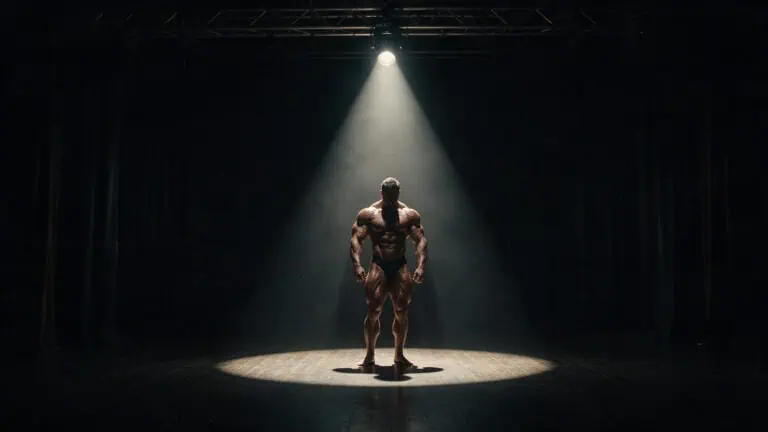 Lone bodybuilder on stage under spotlight, representing mortality risks in competitive bodybuilding