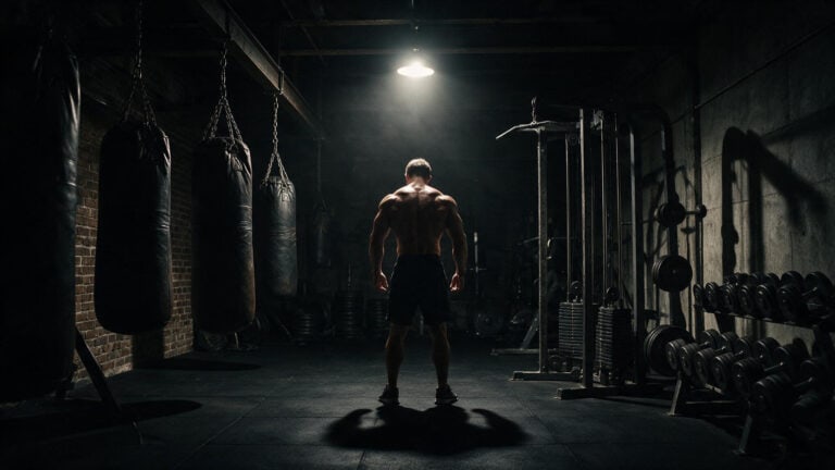 Bodybuilder mortality crisis article featured image showing a muscular man in a dim gym