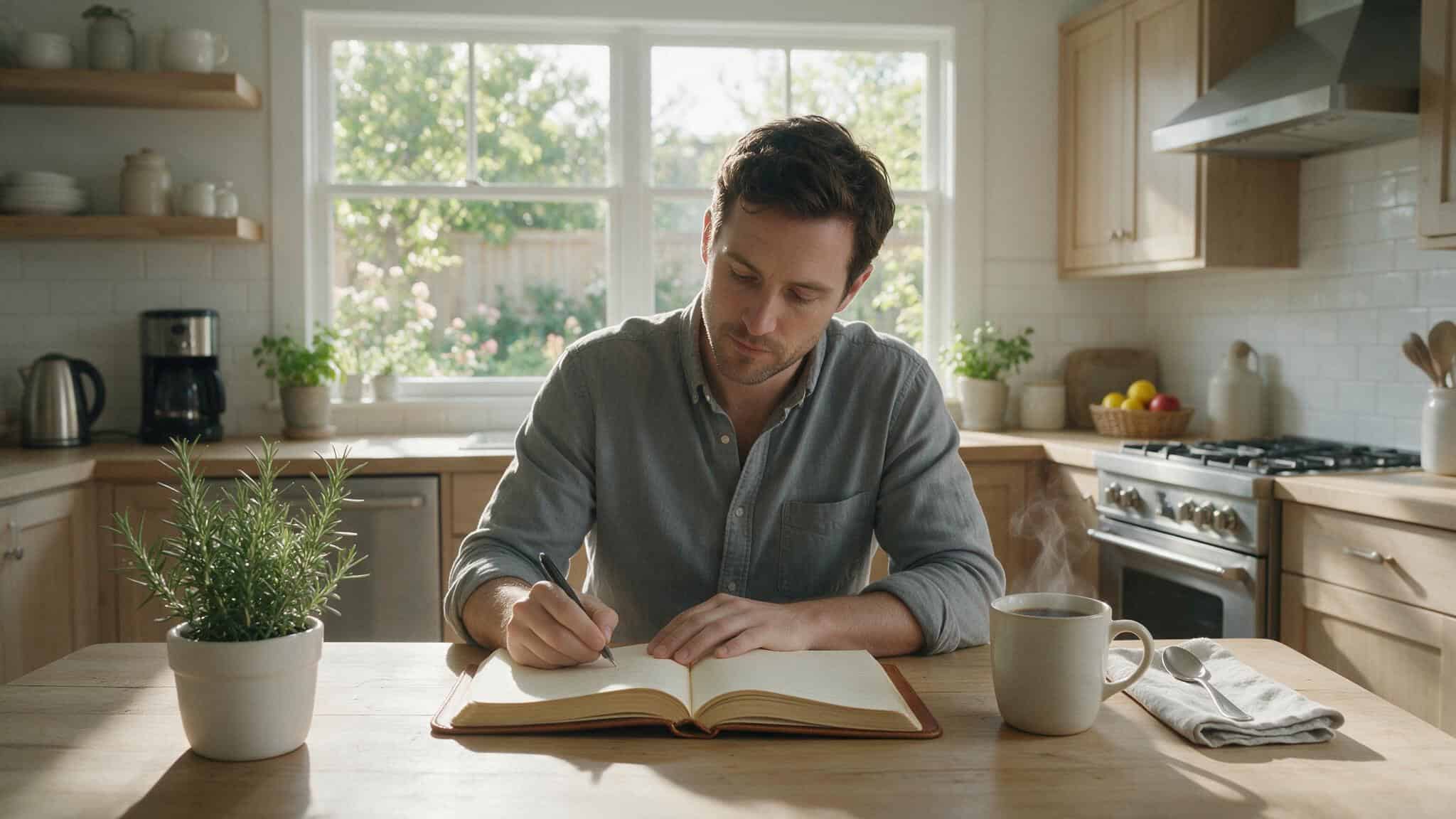 Authentic Masculinity, Money, Sex, and Happiness: What 16,000 People Reveal 3 Man journaling at a kitchen table in morning light, practicing daily habits for authentic masculinity.