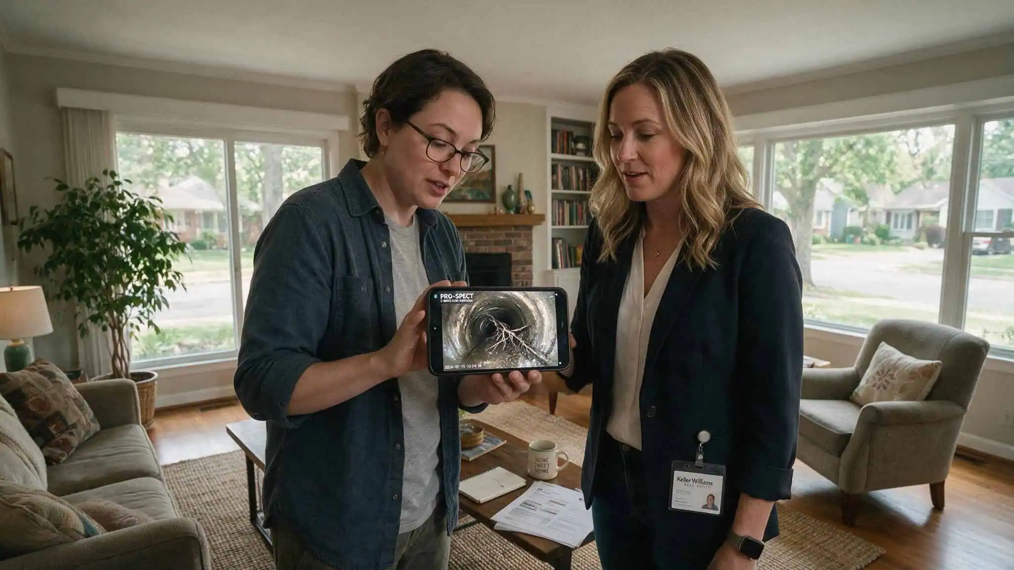 Homebuyer showing a sewer scope video on a smartphone to a real estate agent during a negotiation.