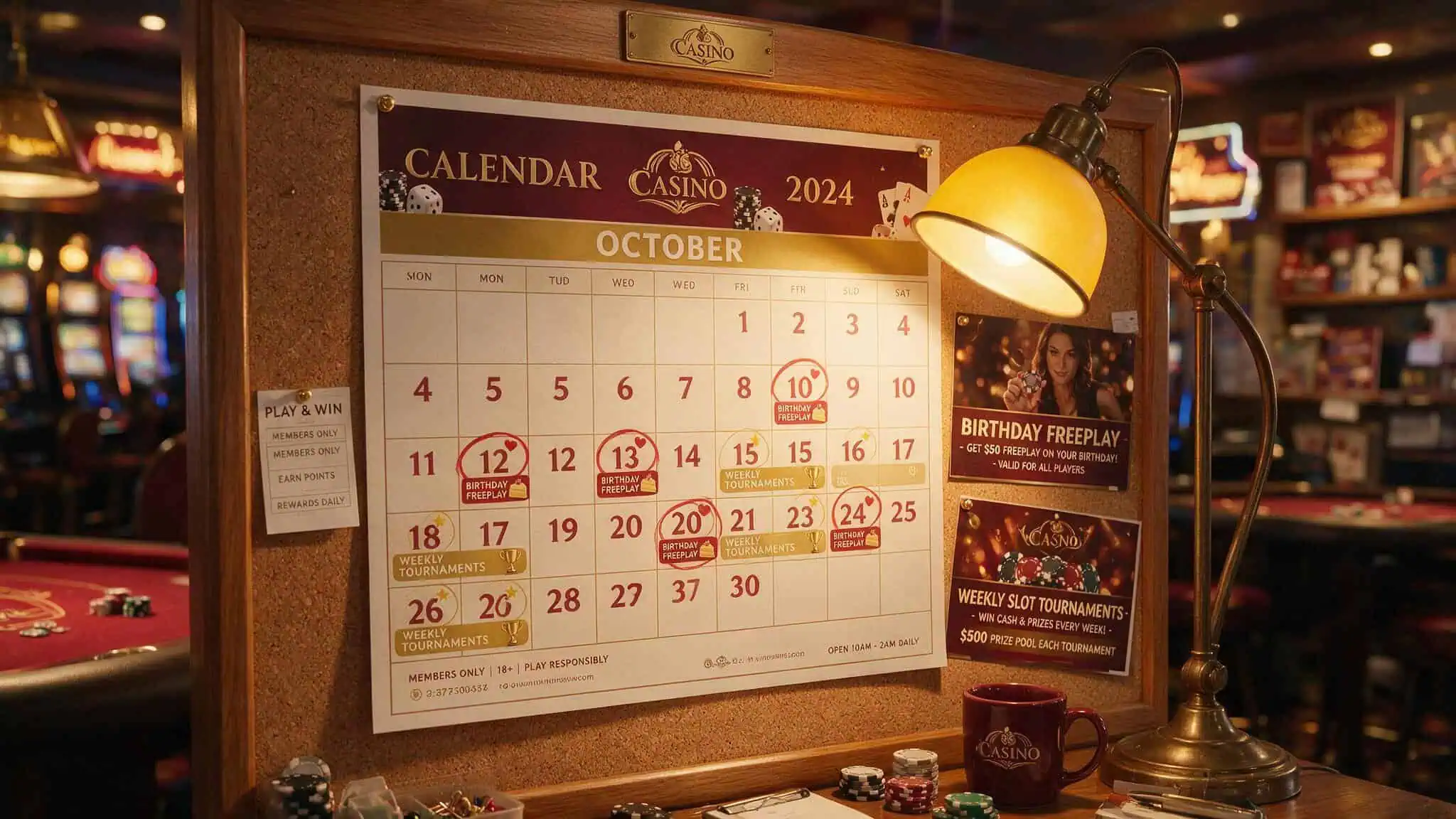 Casino promotional calendar with birthday freeplay offers and weekly tournament dates highlighted.