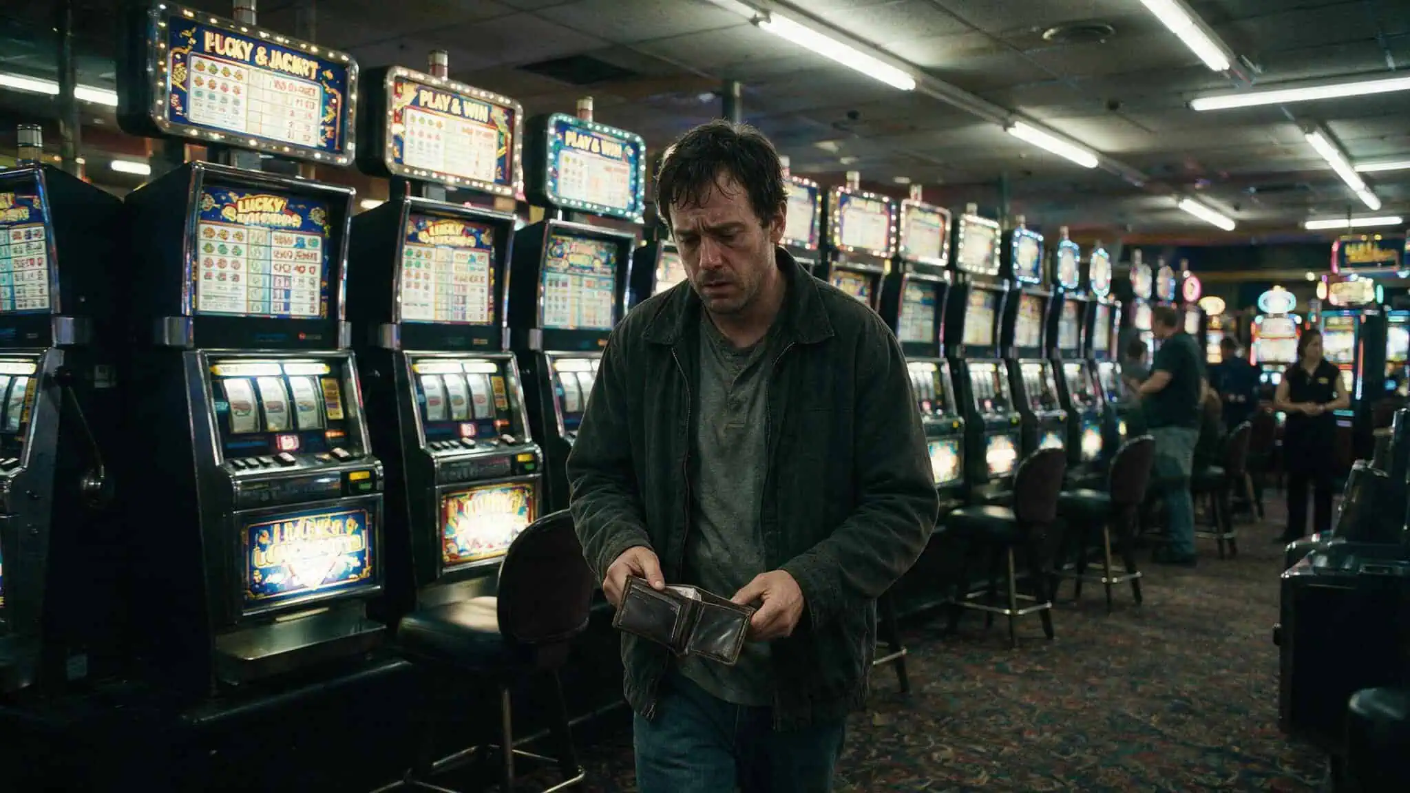 Man losing money chasing casino comps at slot machines, illustrating the golden rule.