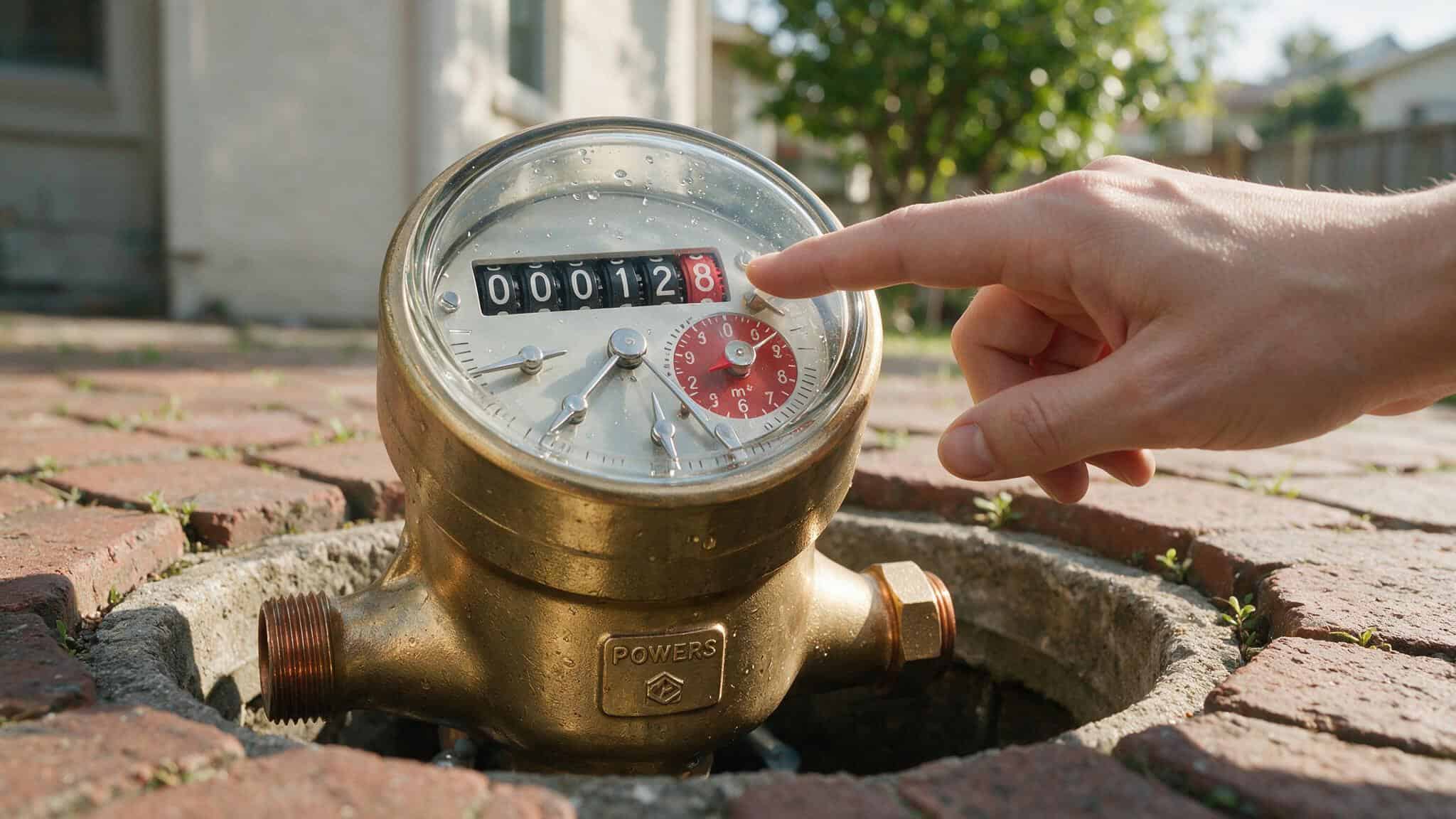 Hand pointing at water meter reading during DIY leak detection test