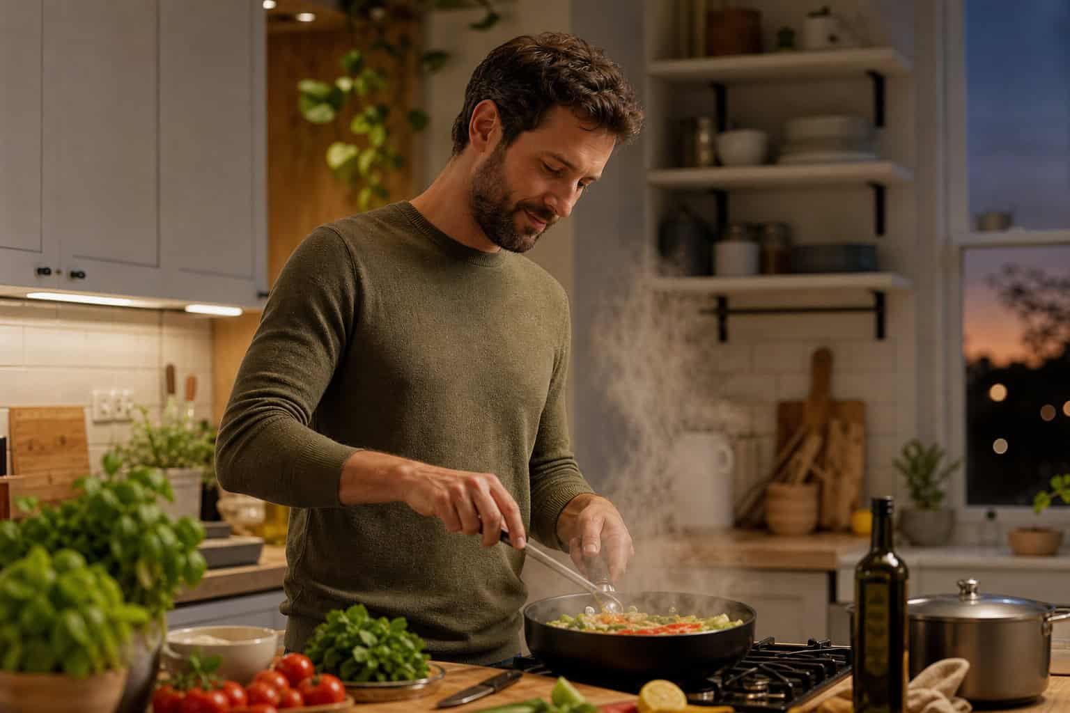 Man cooking a meal from scratch as a creative alternative to passive consumption