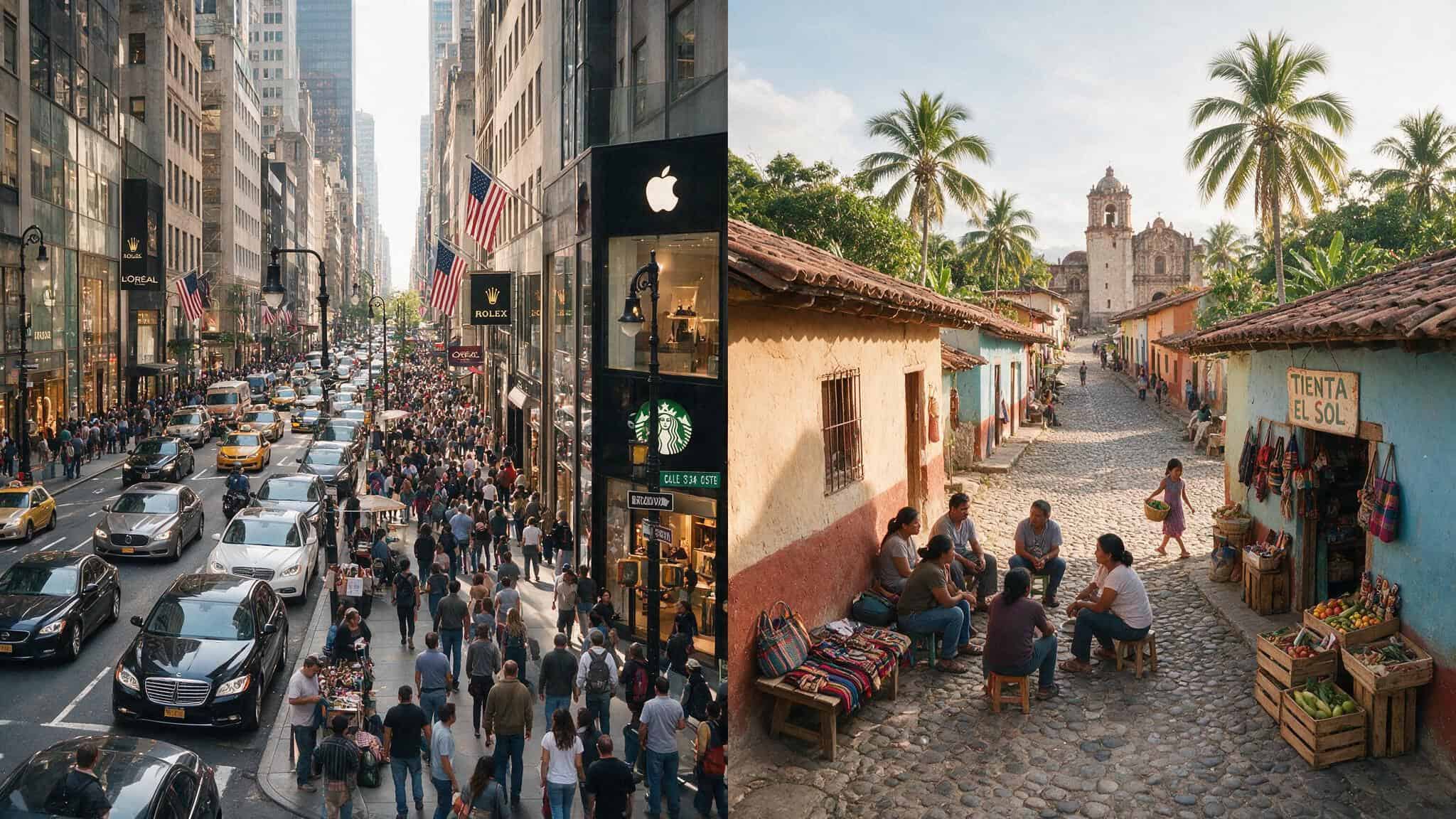 The Link Between Money and Happiness: What the Science Actually Says 2 Split image comparing high-inequality US city with low-inequality Latin American village, showing how country changes money-happiness link.