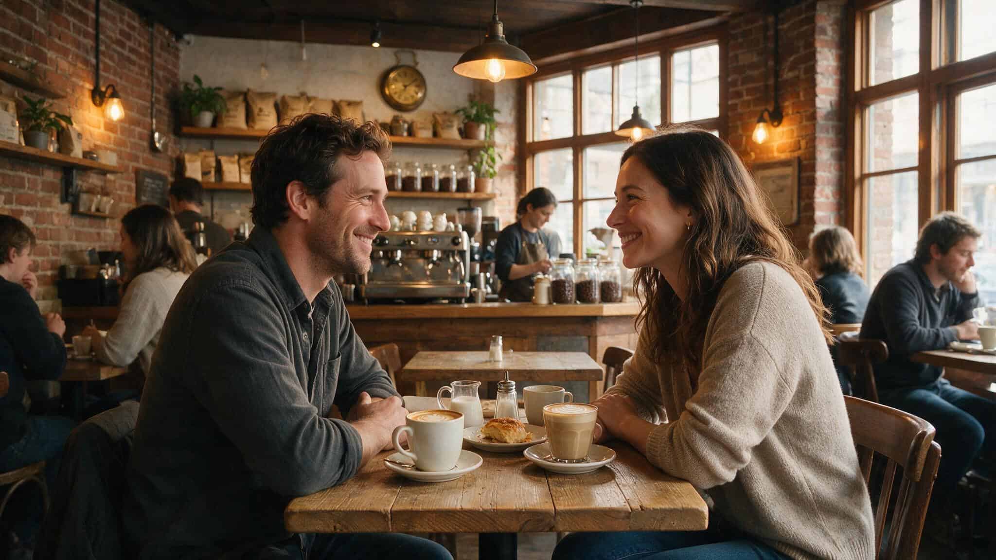 Babe Meaning: From 1150 to Today – Term of Endearment, Slang, and Regional Nuances 3 A man and woman smiling at each other in a coffee shop, illustrating the term of endearment 'babe'.