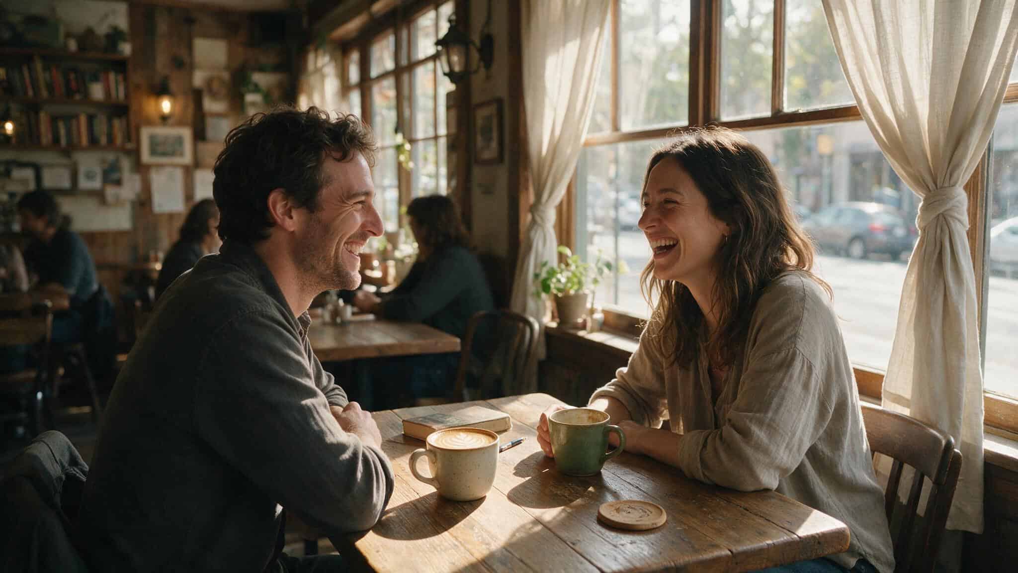What Does 'Hot Babe' Mean in Slang? Definition, Evolution, and When It Crosses the Line 2 A man and woman laughing together at a coffee shop, showing the affectionate context where 'babe' is fine.