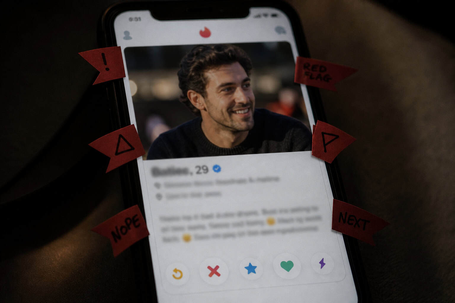 What 'Silly Goose' Means on Dating Apps (And Why It's So Polarizing) 5 Smartphone screen with red flag stickers around dating profile clichés, representing overused phrases.