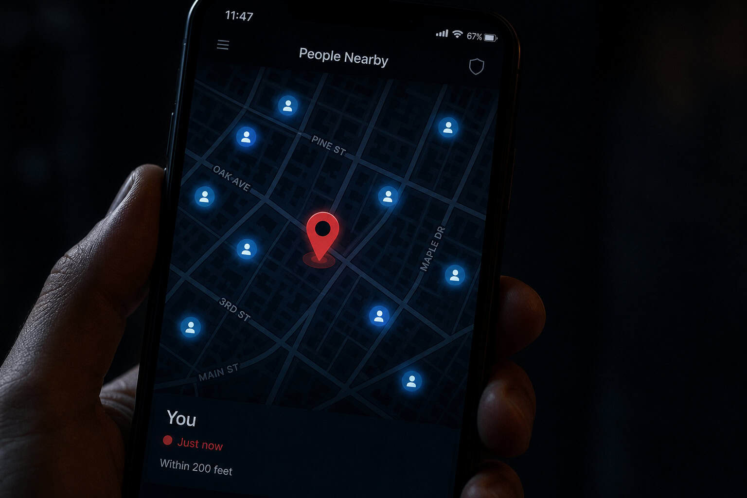 Most Secretive Dating App 2026: Goose vs Pure vs Raya vs Bumble Incognito 5 Map with nearby user dots on a dating app highlighting location privacy risks