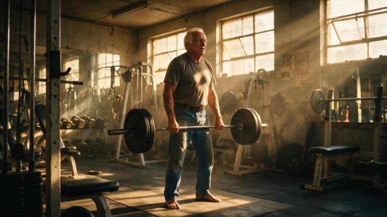 Dave Draper training barefoot in jeans at a gym in his later years