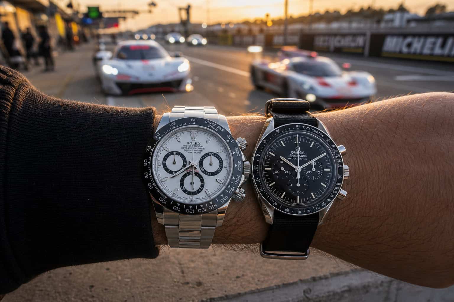 Rolex Daytona and Omega Speedmaster on a wrist at a racing track