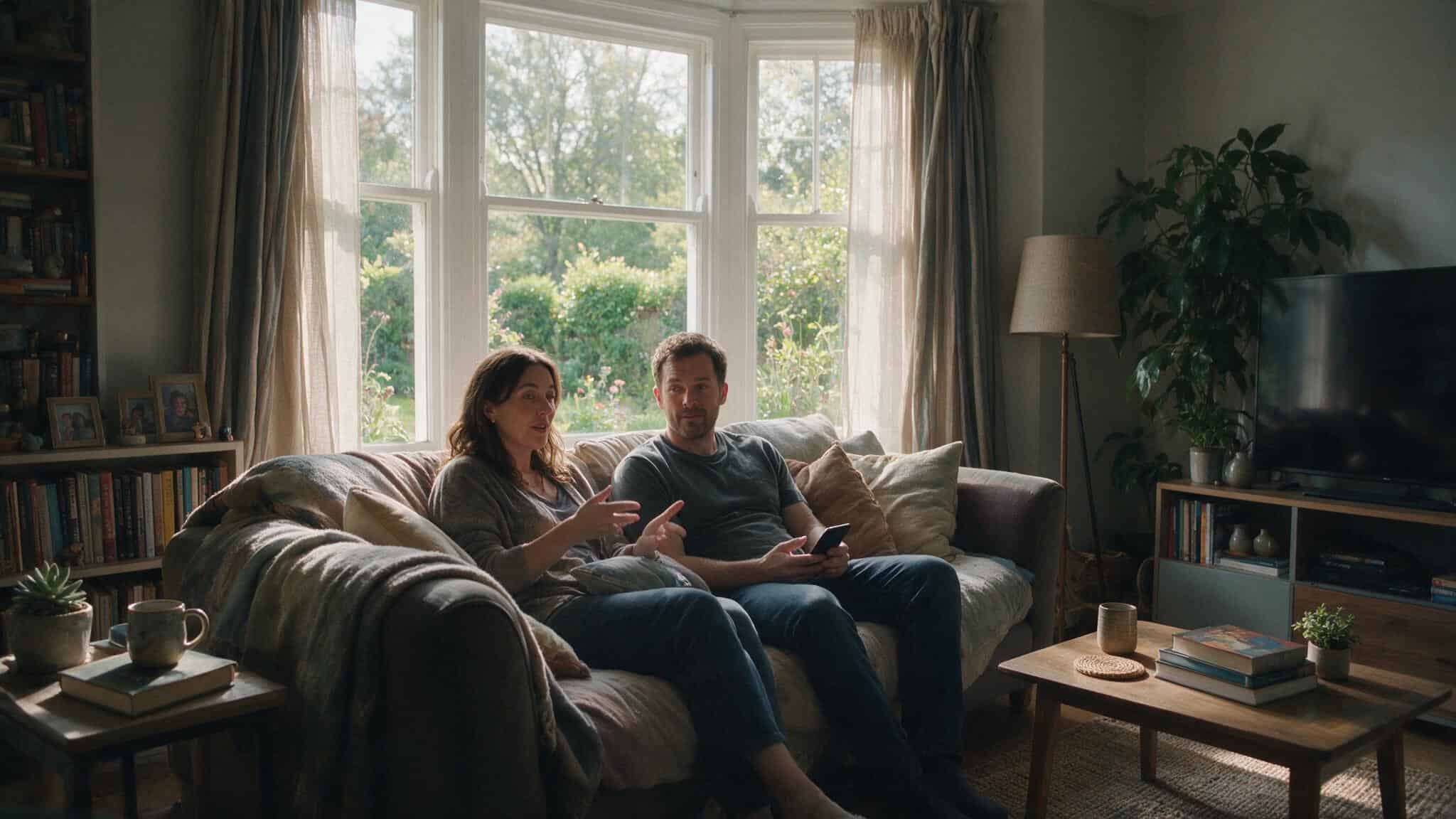 What 'Hot Babe' Really Means in a Relationship — From a Guy Who Uses It 3 Couple decoding relationship context on a couch, discussing what pet names really mean.