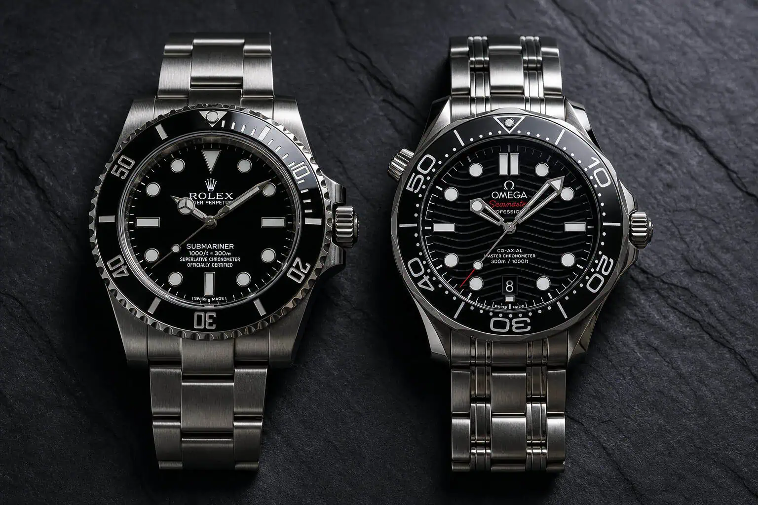 Close-up of two luxury dive watches, a Rolex Submariner and an Omega Seamaster, on a dark textured surface, showcasing their detailed dials and stainless steel bands.