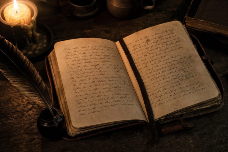 Open vintage journal with handwritten notes on a dark wooden desk illuminated by a candle, creating a cozy, historical atmosphere.