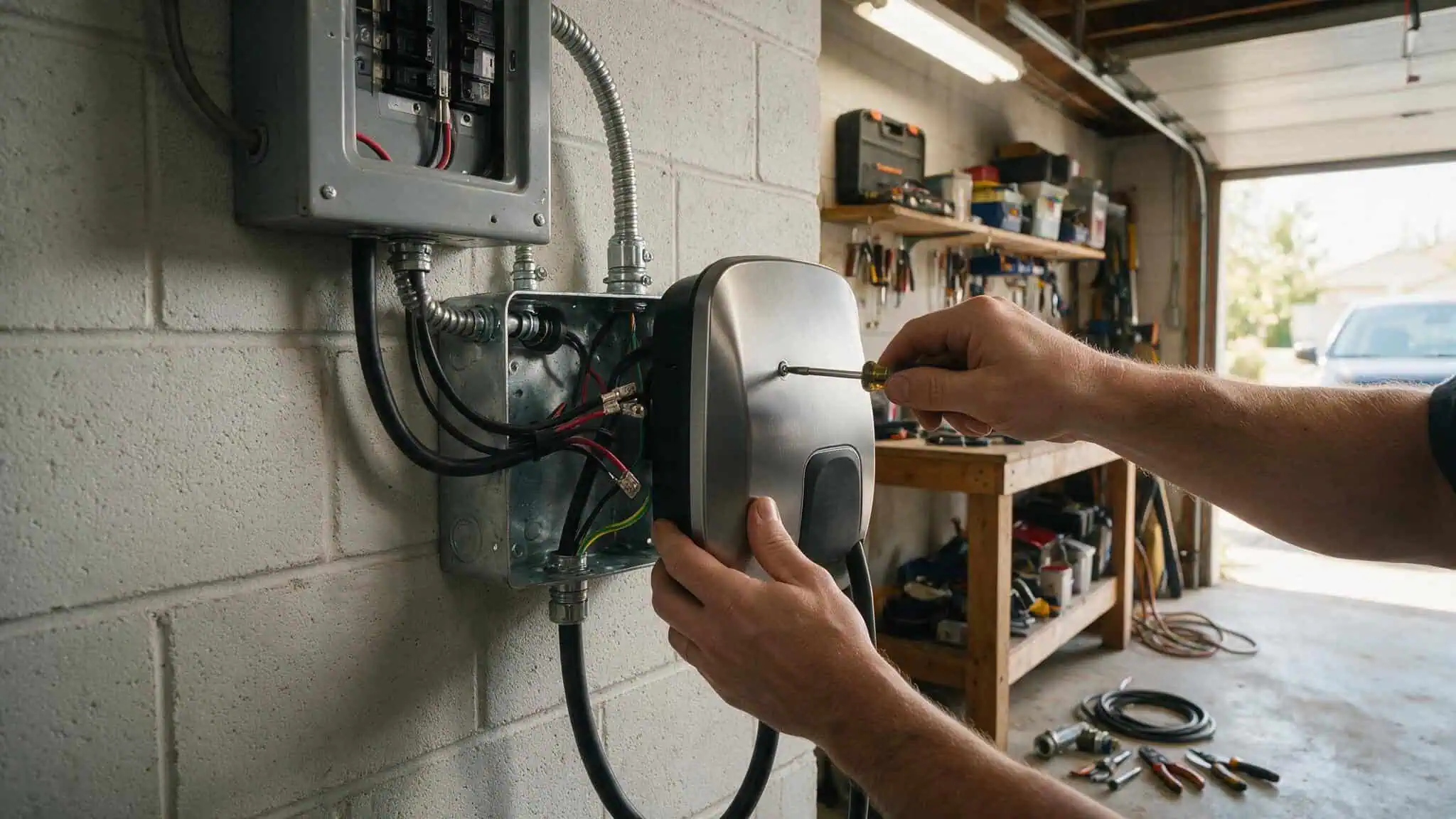 Level 2 EV Charger Cost 2026: What You Pay After Federal, State, and Utility Rebates 2 Electrician installing a Level 2 EV charger with wiring and tools in a residential garage.