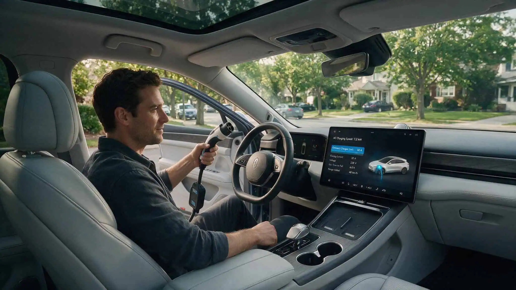 Level 2 EV Charger Amperage: 16A vs 32A vs 48A – Which Fits Your Car? 3 EV driver checking the onboard charger limit of 32 amps on the vehicle's display, highlighting the bottleneck.