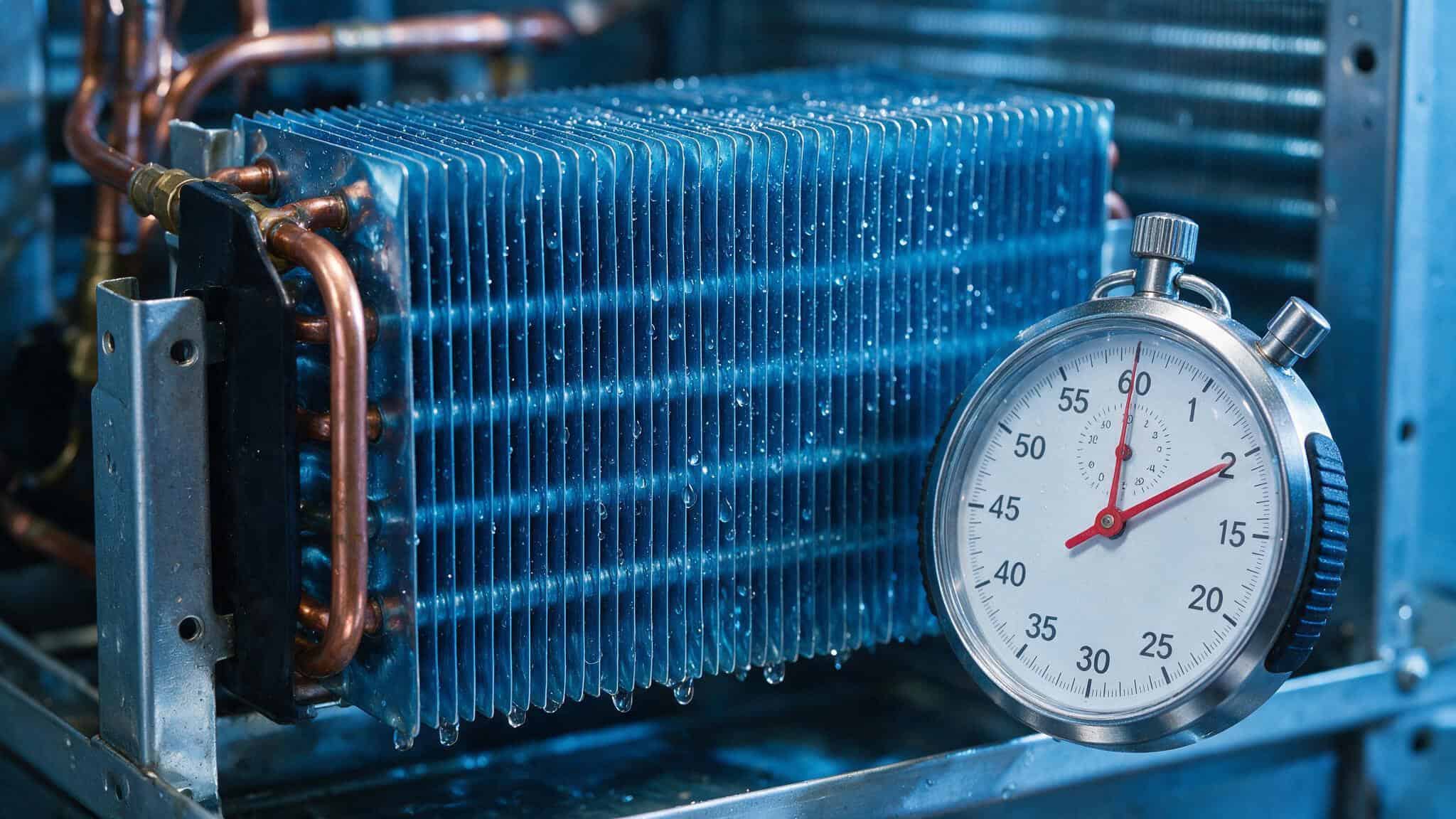 Air conditioner evaporator coil with water droplets and stopwatch showing 10 minute run time