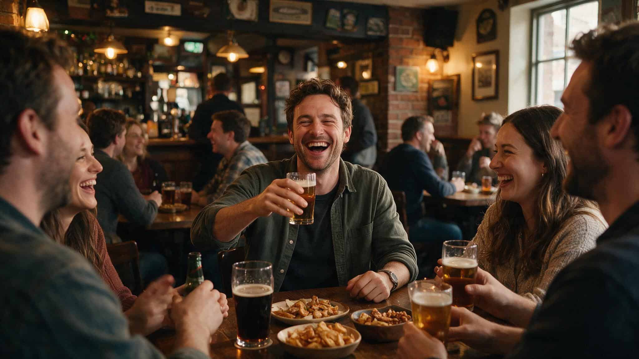 The Link Between Money and Happiness: What the Science Actually Says 3 Man laughing with friends at a pub, illustrating how extroverts get more happiness from social spending.