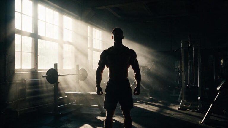 Bodybuilder silhouette in a dimly lit gym, representing mortality in the sport.