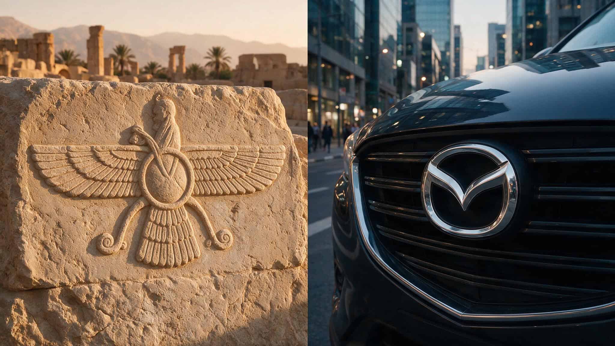 Mazda Name Origin: Why the Car Brand Honors a Zoroastrian God of Wisdom 3 Split image comparing the ancient Zoroastrian Faravahar symbol with the modern Mazda V-wing logo.