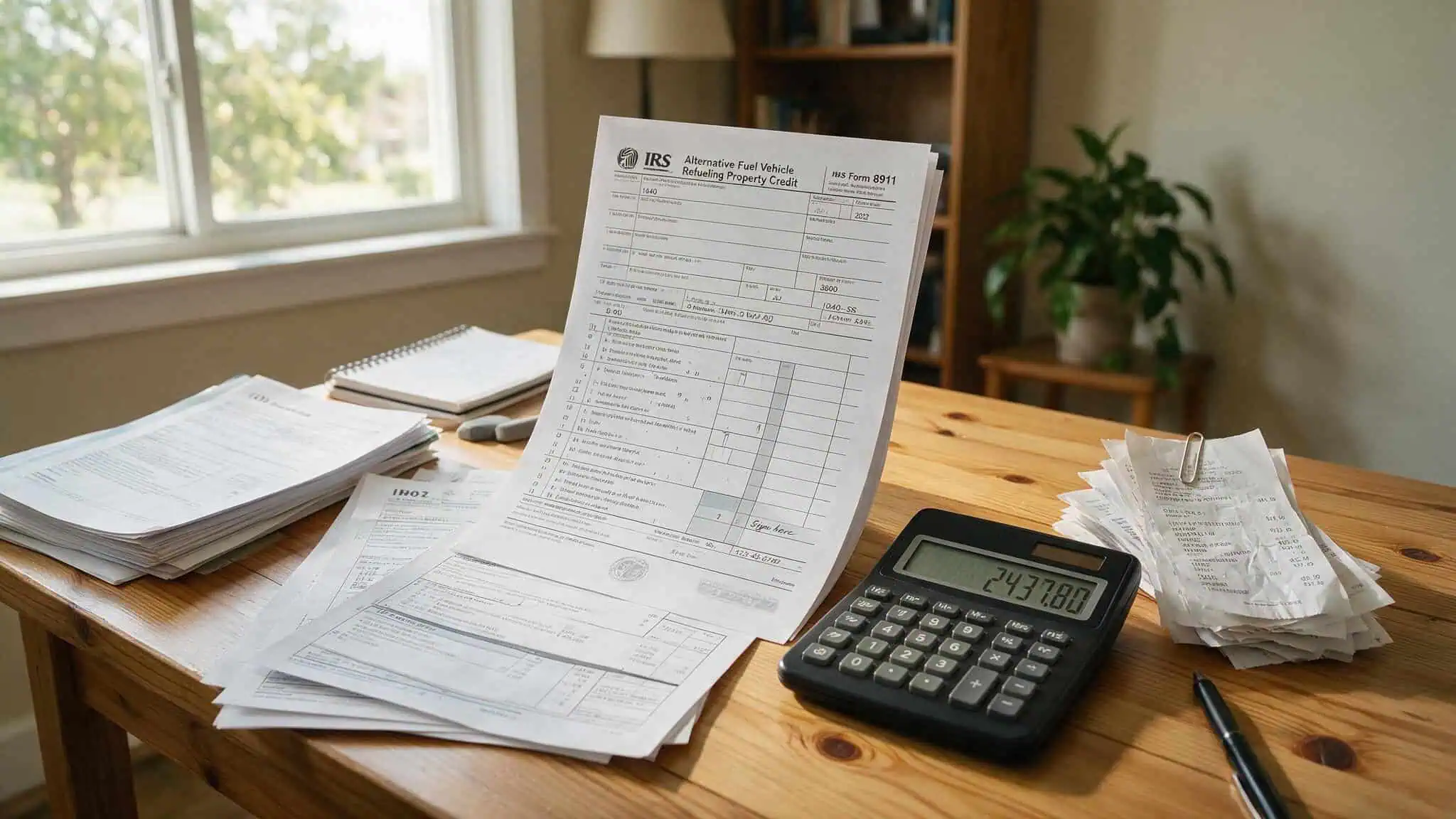Level 2 EV Charger Cost 2026: What You Pay After Federal, State, and Utility Rebates 4 Filing IRS Form 8911 for the federal EV charger tax credit with receipts and calculator on a desk.