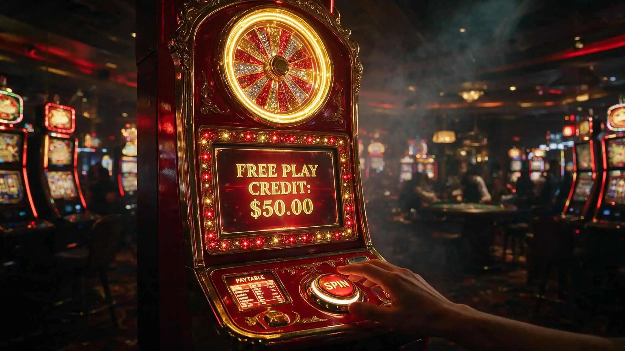 Slot machine screen showing free play credits, illustrating how casinos replaced cashback with free play.