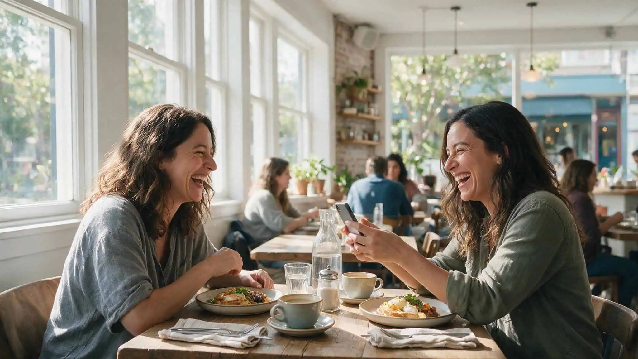 Two women laughing at brunch illustrating the scenario where hot babe might be a friendly compliment not romantic.