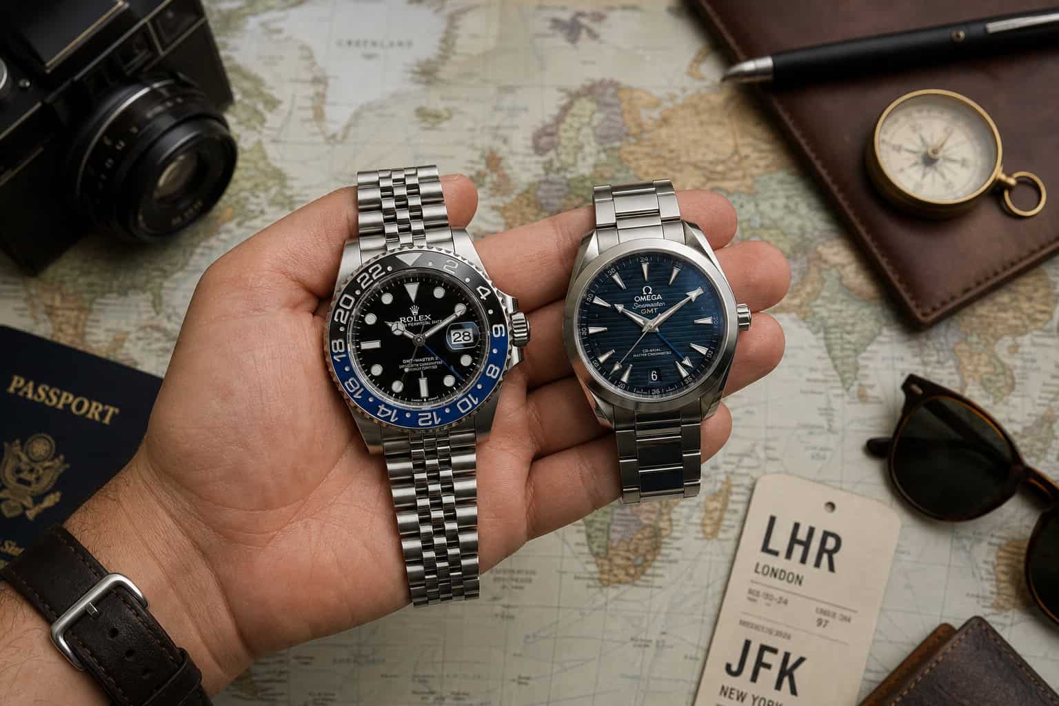 Rolex GMT-Master II and Omega Aqua Terra GMT held over a world map