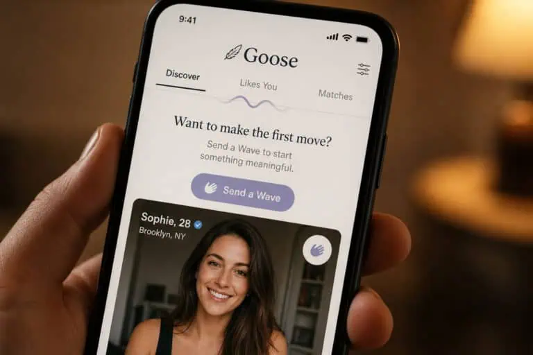 Close-up of a hand holding a smartphone with a dating app open, showing a smiling woman and options to send a wave, on a warm indoor background.