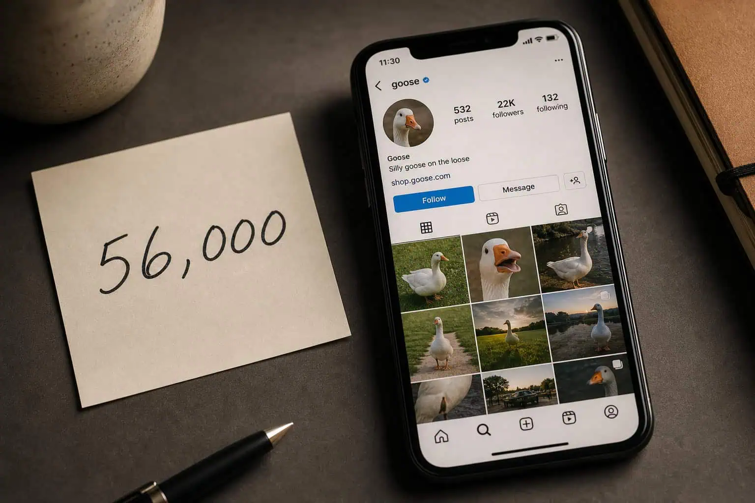 Goose Dating App Download: Why You Can't Get It Yet (56,000 Pre-Downloads) 7 Handwritten note with 56,000 next to a phone showing Goose's Instagram follower count.