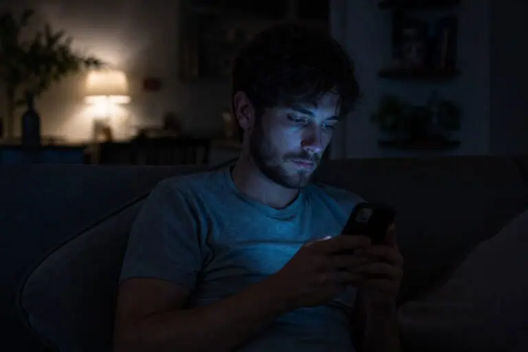 Young man sitting on sofa in dimly lit room, focused on his smartphone, illuminated by screen light, with a cozy background.