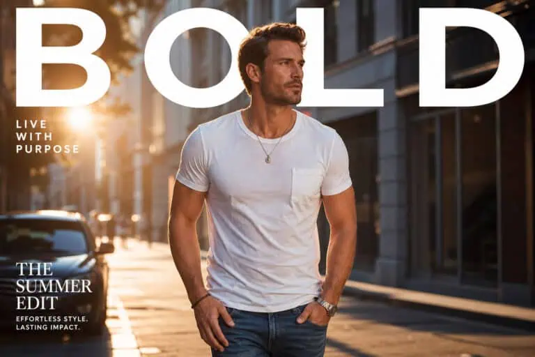 A confident man in a white t-shirt walking through city streets at sunset, embodying boldness and purpose.