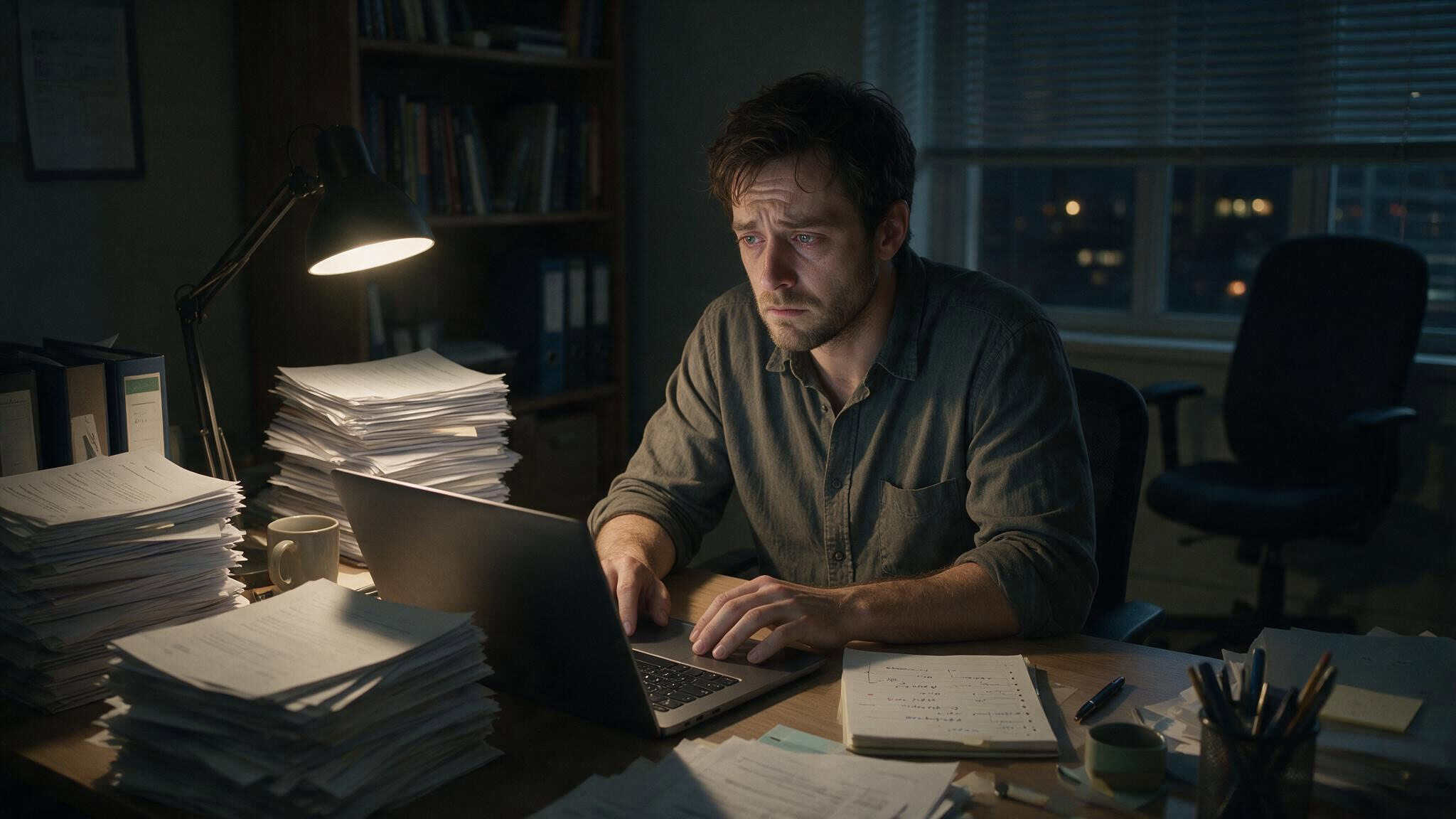 Money, Sex, and Happiness: What the Data Actually Says About the $75,000 Myth 2 Tired man working late at a desk, representing the income myth and its disconnect from sex and happiness.