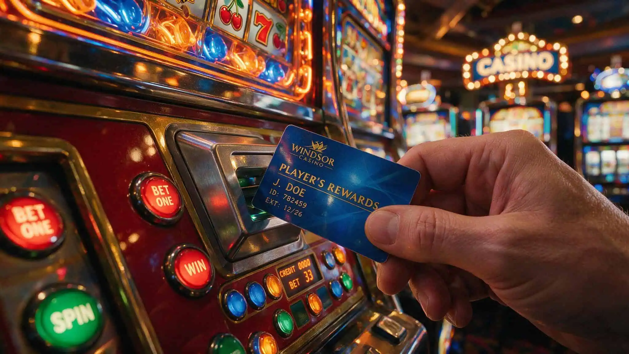Hand inserting a player's card into a slot machine reader for comps